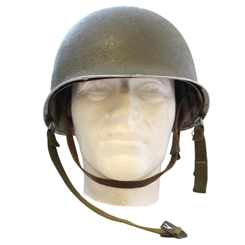 98 - M1 Helmet and M.S.A liner, indentations to top of helmet, minor paint peeling, M.S.A heat stamp insi... 