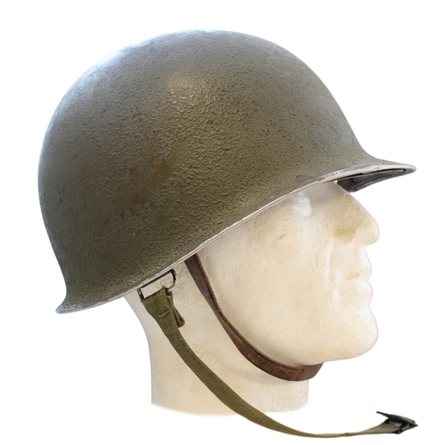 98 - M1 Helmet and M.S.A liner, indentations to top of helmet, minor paint peeling, M.S.A heat stamp insi... 