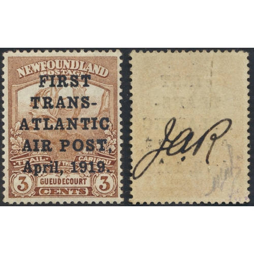 Newfoundland. 1919 Air 3c brown ovptd 'First Trans-Atlantic Air Post April, 1919', fine mint with large part o.g. The stamp has a light vertical crease which is barely noticeable from the front. Signed 'J.A.R' on reverse by postmaster J. A. Robinson, the issue was intended for correspondence carried by Lieutenant H. Hawker on his transatlantic flight attempt. Very scarce-Gibbons notes that out of 200, 18 were damaged or destroyed, 95 used on letters, 11 given as presentation copies, and 76 sold in aid of the Marine Disasters Fund. Accompanied by 1978 Friedl Expert Committee cert signed by Herbert J. Bloch, who has also signed the reverse of the stamp. (SG 142) Cat £25,000 (S)