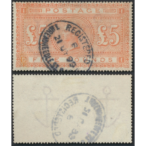1867-83 £5 orange, on white paper, used with Threadneedle Street registered oval cancel. Areas of toning/staining and a few nibbled perfs but otherwise a fine example. (SG 137) Cat £3750 (S)