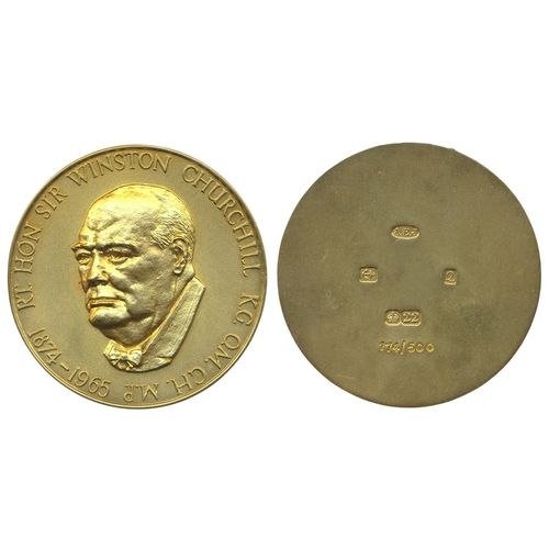 1965 'The life of the Rt. Hon. Sir Winston Churchill, K.G., O.M., C.H., M.P., 1874-1965 "The greatest man of our time"' 22ct gold medallion in box with certificate by A. Edward Jones Ltd, obverse depicting portrait of Churchill during WWII, reverse showing hallmark for Birmingham 1965-66 with manufacturers mark 'AEJ' and edition with '174/500',  weight 138.46g. (R)