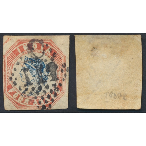 India. 1854-55 4a blue and red, imperf, 4th printing, Head III, Frame II, used, cancelled by 'CIII' of Pondicherry. Accompanied by BPA cert (2026) which states 'retouched at upper right'. (SG23) Cat £750 (S)
