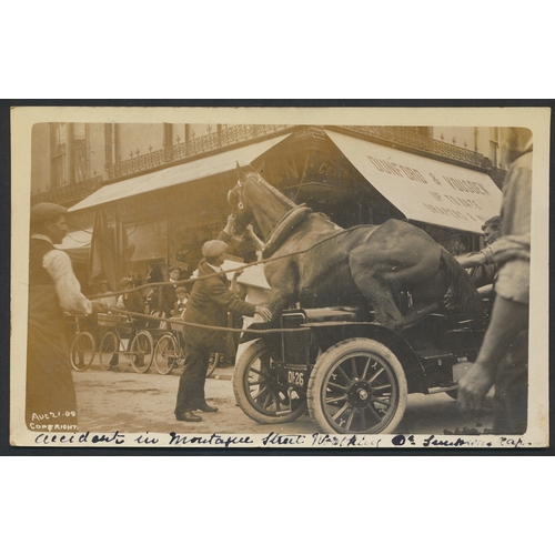 Disasters. Vintage R.P. card of the 21st August 1908 Horse and Motor Car Accident on Montague Street in Worthing, Sussex. (Y)