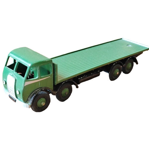 Dinky. Foden Flat Truck No.502, green cab, back and hub caps, silver trim, excellent condition in good plus box. (T)
