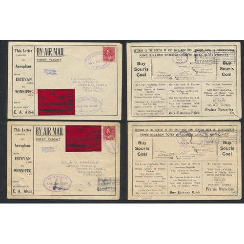 Canada. An interesting seln of KGV internal air mails and first flight covers on stockpages. Noting 1st October 1924 First Saskatchewan Aerial Mail, Estevan to Winnipeg, with red vignette and aeroplane cachet with printed coal advertisement on reverse (2 covers); 1925 Laurentide Air Service Trans Canada Flight Vancouver to Montreal with vignette and cachet on reverse (no stamp),  27th June 1925 Northern Air Service first flight env from Haileybury to Rouyn with Special Delivery vignette and signed by pilot BW Broatch on reverse; Fairchild Air Transport first flight Haileybury to Rouyn with vignette and signed by pilot on reverse (2 covers); Patricia Airways and Exploration range incl 18th February 1926 env from Woman Lake to Liverpool with vignette; Western Canada Airways range incl 21st June 1929 first flight from Prince Albert to Lac La Ronge with vignette and cachet; Cherry Red Airline range; Commercial Airways range; Canada Air mail range incl 9th December 1929 first official flight from Camsell River to Rae with Native Canadians cachet, 14th January 1935 First official flight from Winnipeg to Norway House with curling cachet; 23rd August 1923 Newfoundland first official air mail from St John's to North Sydney by Gypsy Moth plane, piloted by Arthur Sullivan with cachet etc. Qty. 52. (R)