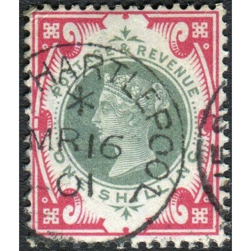 54 - Great Britain Stamps : 1/- Dull Green and Carmine fine used Hartlepool CDS SG 214