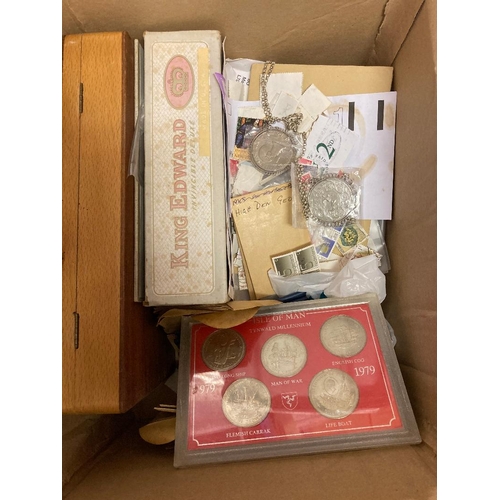 6 - Glory box of loose stamps, some coins, 1935 Crown etc