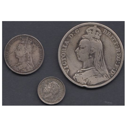 18 - COINS : 1889 Great Britain silver crown, 1892 Shilling and 1933 sixpence (3)