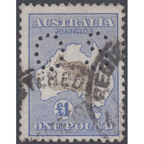 241 - STAMPS AUSTRALIA 1915 £1 chocolate & dull blue with 'OS' perfin, used with two Registered datestamps... 