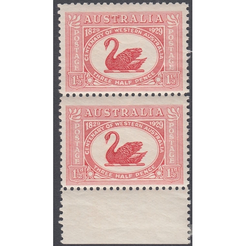 246 - STAMPS AUSTRALIA 1929 Centenary of Western Australia, 1 1/2d lightly M/M vertical pair, top stamp wi... 