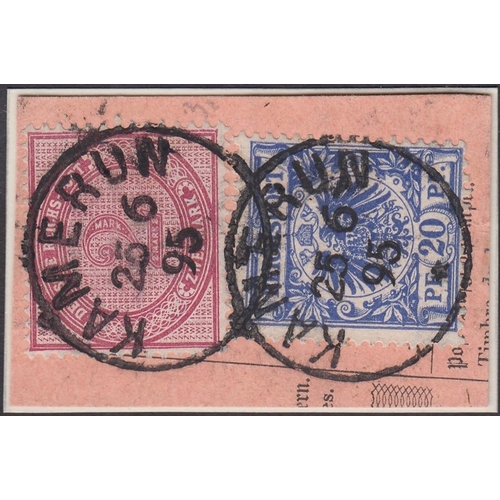 373 - STAMPS : CAMEROUN, Forerunners, 2m deep claret and 20pf ultramarine fine used on piece with two clea... 