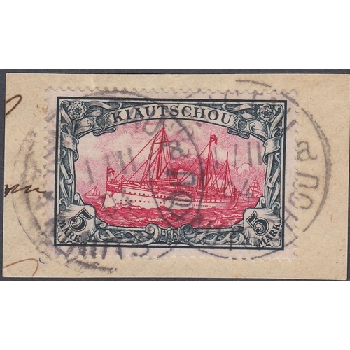 395 - STAMPS : KIAOCHOW, 1901 5 Mark carmine & black fine used on piece with two 'TSINGTAU' datestamps, SG... 