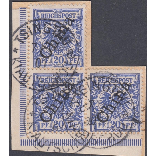 396 - STAMPS : KIAOCHOW, 20pf. ultramarine overprinted 'CHINA' (56 degrees), superb corner marginal of thr... 