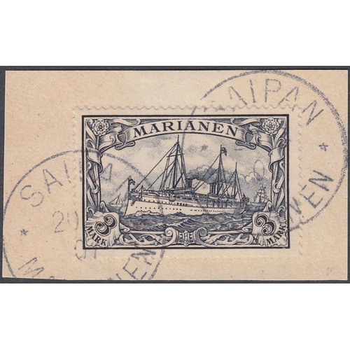 398 - STAMPS : MARIANA ISLANDS, 1901 3 Mark violet-black, fine used on piece with two 'SAIPAN' datestamps,... 