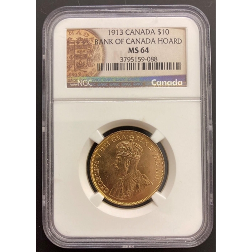 101 - GOLD COIN 1913 Canada $10 Bank of Canada Hoard gold coin, PNG slabbed , MS 64, very fine condition o... 