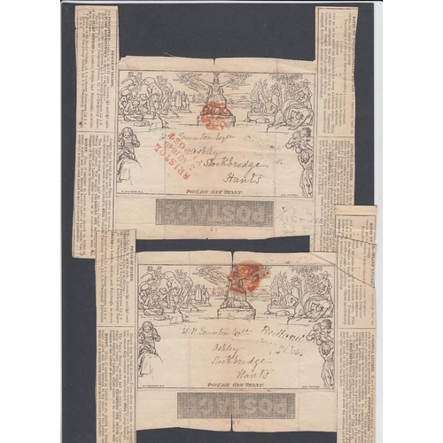 173 - GREAT BRITAIN POSTAL HISTORY Two part Mulready letter sheets both with red MX cancels