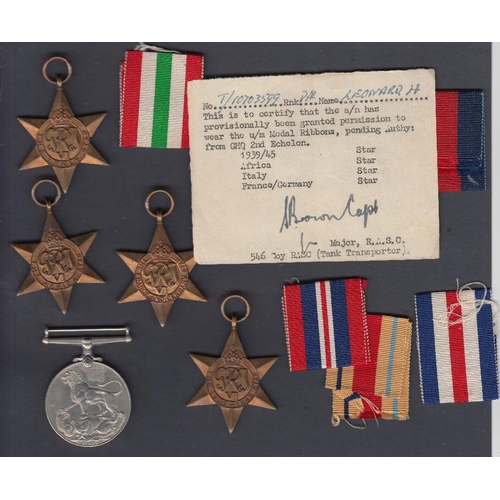 82 - WWII medals, Group of 5 medals to Mr H Leonard with ribbons, France and Germany Star, Italy, 1939-45... 