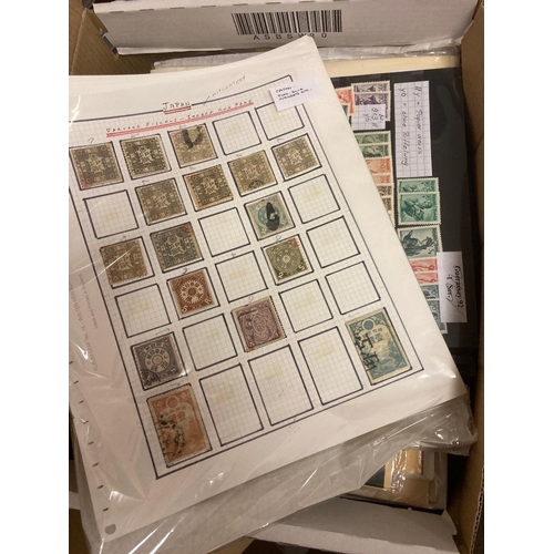 13 - STAMPS WORLD, box with various mint & used on album pages, stock cards, in packets etc with much U/M... 