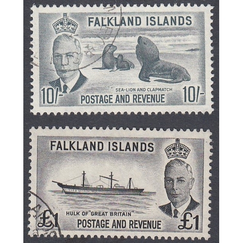 STAMPS FALKLANDS 1952 GVI 10/- grey & £1 black, both fine used, SG 184 ...