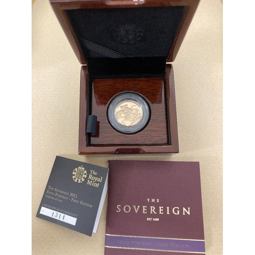 163 - COINS : 2015  Proof Gold Sovereign in display box with cert 1314