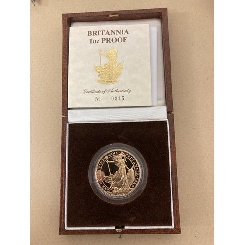 169 - COINS : 1989 £100 Gold Britannia 1oz proof coin in display box , cert 0315