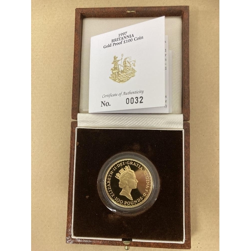 176 - COINS : 1997 £100 Gold Britannia Proof coin in display box  with Cert (0032) 1oz ((34.05g)of pure go... 