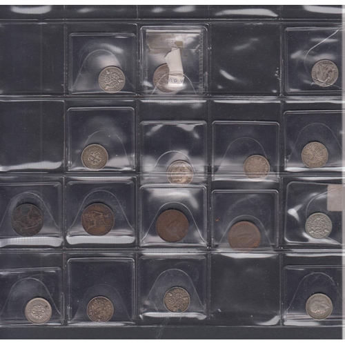 89 - COINS:  Four coin album pages with mainly UK coins including £1 coins, silver 3d's, farthings etc