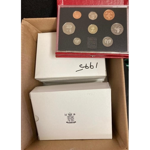 76 - COINS : Box of UK coin  sets including 1990 (2), 93, 95,96, 97, 2000, 2001 year sets, Silver £1 Proo... 