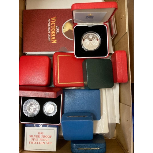 79 - COINS : Mixed box of UK coin sets and proof silver coins, noted to include, 1994, 96, and 97 year se... 