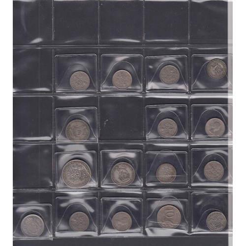 89 - COINS:  Four coin album pages with mainly UK coins including £1 coins, silver 3d's, farthings etc