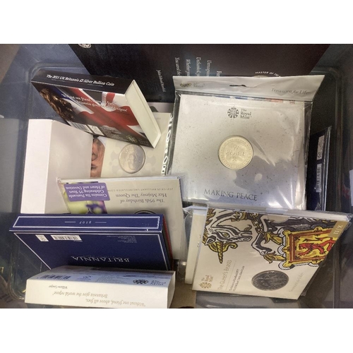 91 - COINS : Plastic Tub with Proof Silver Coins, year sets etc , includes Britannia coins, countdown to ... 