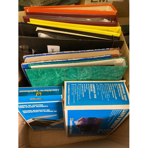 6 - Glory box of various albums and folders of mixed stamps plus UV lamp (not tested) and Mount Cutter