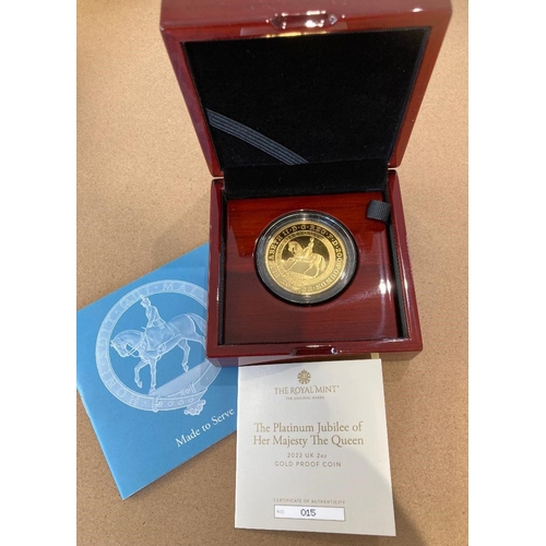 46 - Coins : 2022 Platinum Jubilee 2oz (62.2g) Gold Proof coin in display case with cert , very scarce co... 