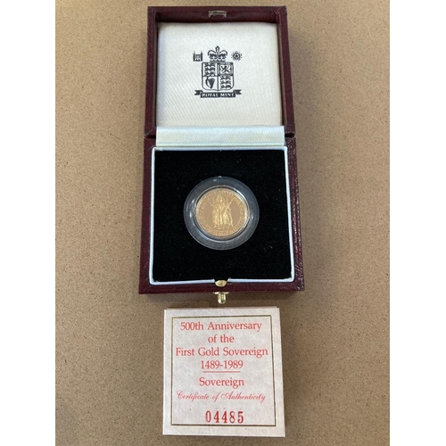 27 - Coins : 1989 500th Anniversary Proof Sovereign boxed with cert 4485, very scarce coin.