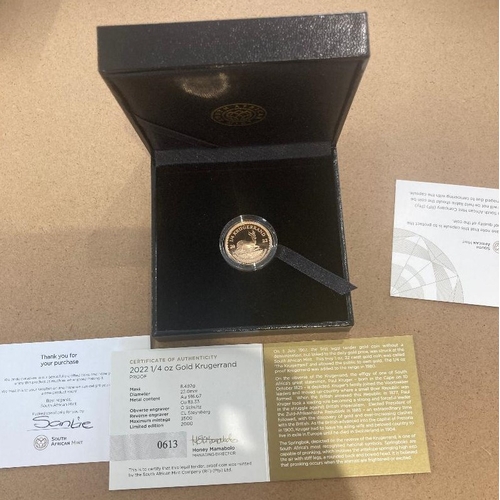 50 - Coins : 2022 1/4 Krugerand Gold Proof in display box with cert