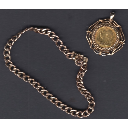 17 - Coins : 1898 Gold 1/2 Sovereign in 9ct mount, plus a 9ct gold bracelet (clasp very stiff/stuck), tot... 