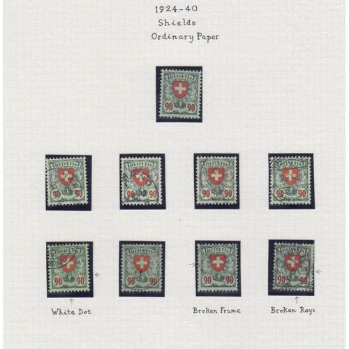 631 - STAMPS SWITZERLAND 1924-40 Shield definitive issue. A neatly presented study on six album pages, min... 