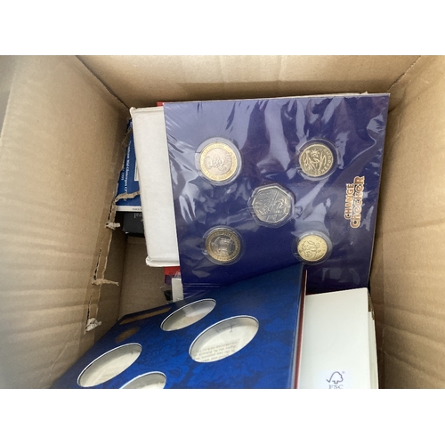 6 - Coins : Mixed box of coin packs and sets, including 1951 Festival of Britain, Queens Jubilee, £5 coi... 