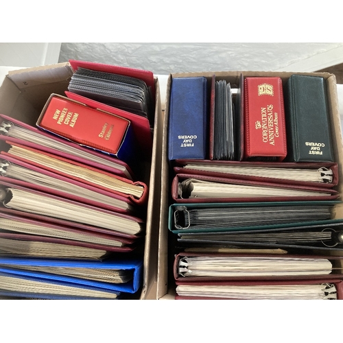 76 - STAMPS : Two boxes of First Day Covers and stamp albums GB and Channel Islands