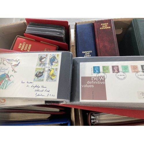 76 - STAMPS : Two boxes of First Day Covers and stamp albums GB and Channel Islands