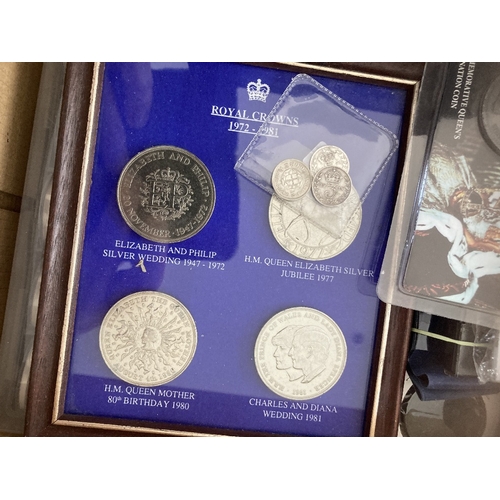 9 - Coins : Box with various coins, small amount of silver, plus commemorative Crowns etc, also spotted ... 