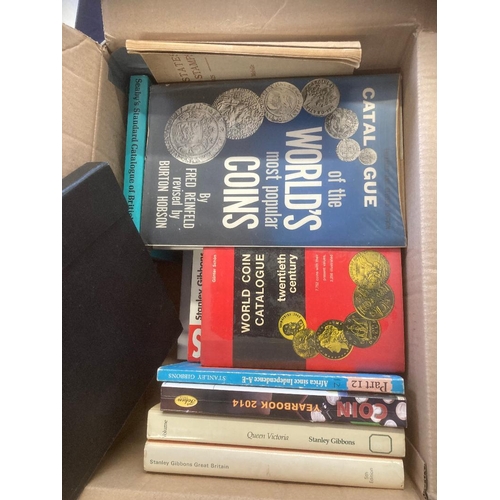 206 - Box of old stamp and coin catalogues ( heavy lot)