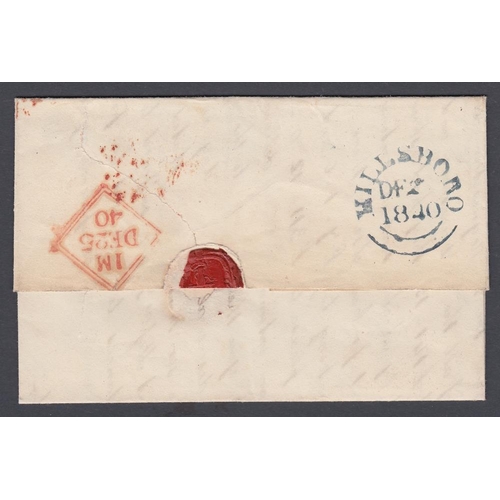 253 - STAMPS PENNY BLACK : XMAS EVE 1840 2-3 margin Penny Black on entire from Hillsborough to Dublin, a l... 