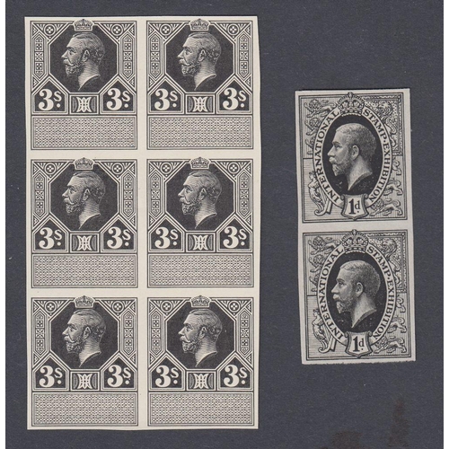 305 - STAMPS GREAT BRITAIN : King George V 3/- imperf Plate Proof Revenue in black. A block of six on ungu... 