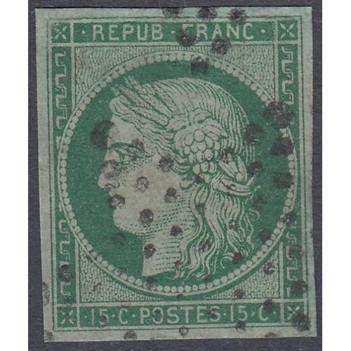 461 - STAMPS FRANCE 1849/52 Ceres 15c green/bluish green imperf, very fine used with four large margins, S... 