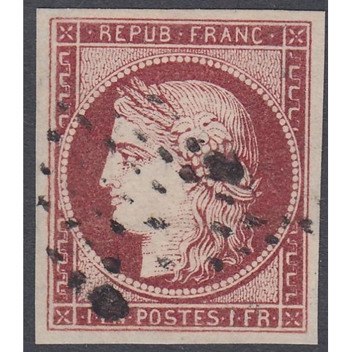 462 - STAMPS FRANCE 1849-52 Ceres 1f carmine-brown, fine used with four superb margins. Has a very faint i... 