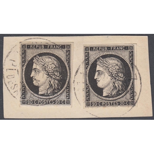 464 - STAMPS FRANCE 1849-52 Ceres, two 20c black used on piece, both with four margins and with two large ... 