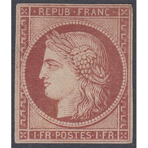 466 - STAMPS FRANCE 1849-52 Ceres 1f carmine, mint with no gum & four margins, SG 19. Yvert cat 8100€ as m... 