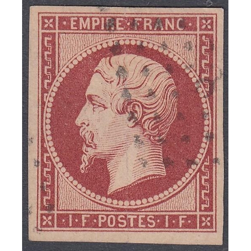 468 - STAMPS FRANCE 1853-61 Napoléon 1f carmine. Very fine used with superb four margins, but has a faint ... 