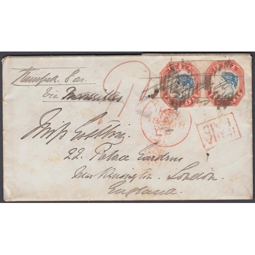 514 - STAMPS INDIA 1857 entire with imperf pair of 4a Blue and Red India to London 4th April 1857 via Bomb... 